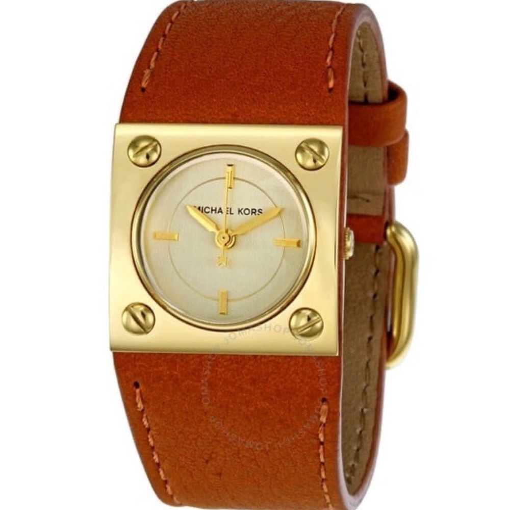 Michael Kors ladies square gold tone brown leather dress watch
